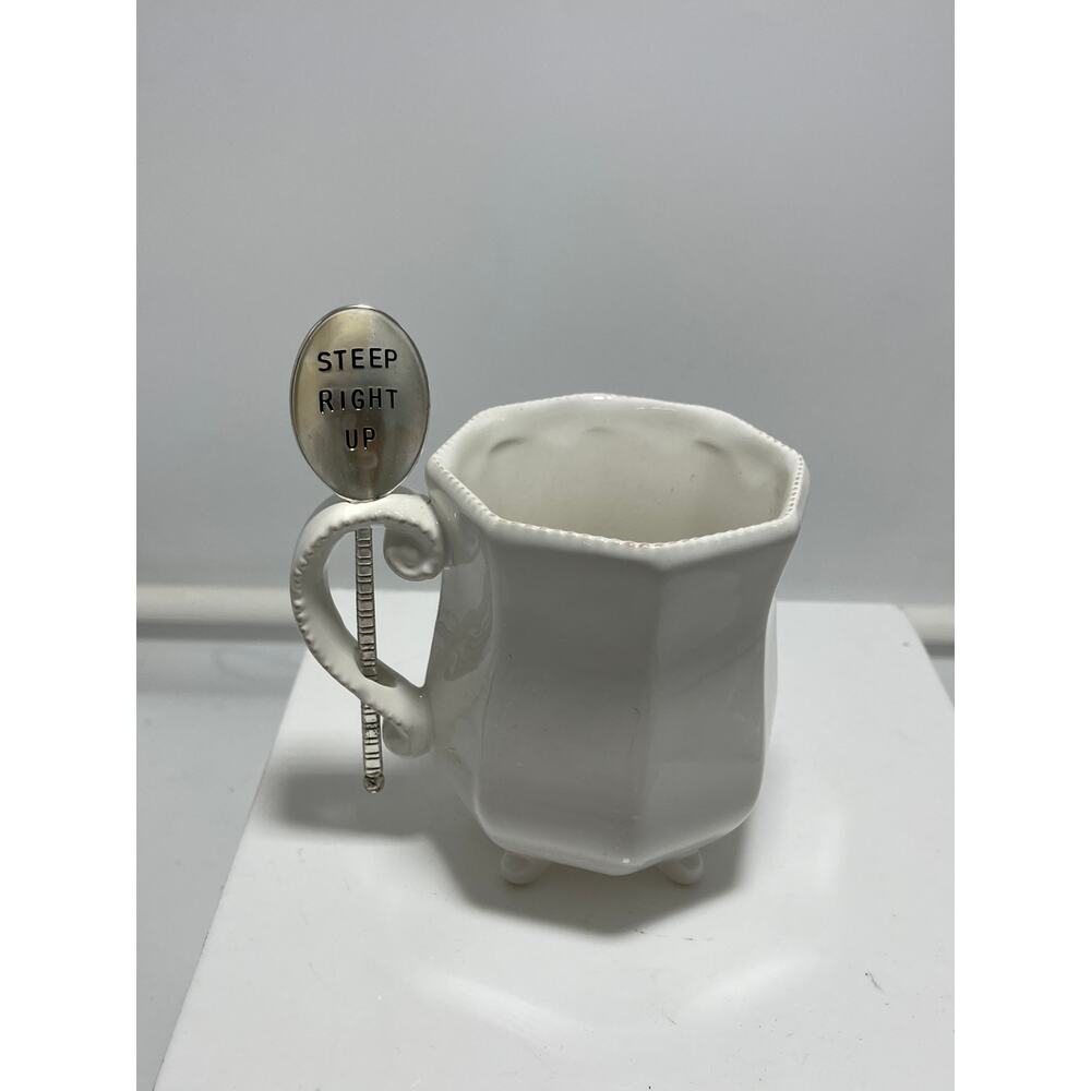 Mud Pie Footed 'Pinkies Out It's Tea Time' White Coffee Tea Cup Mug w/Spoon